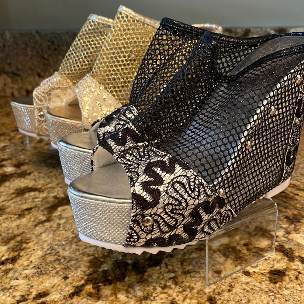 Super Cute Mesh, Glitter Studded Wedges Gold and Black 2 PAIRS